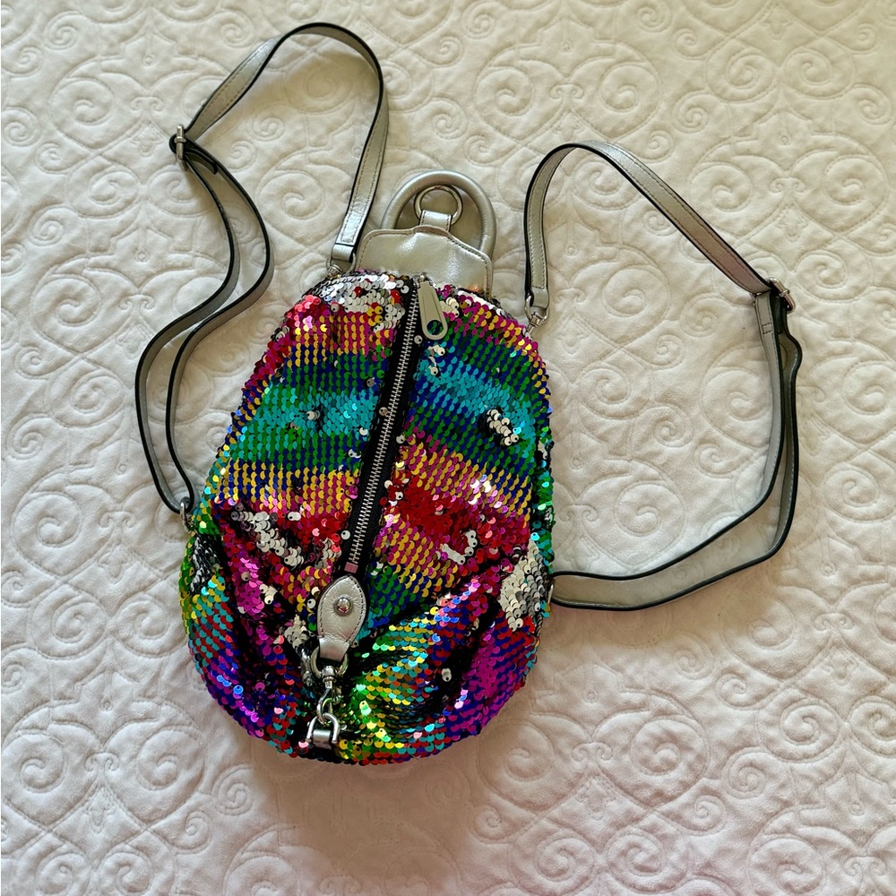 Rebecca Minkoff Rainbow Silver Sequin Small Medium Julian Backpack Excellent